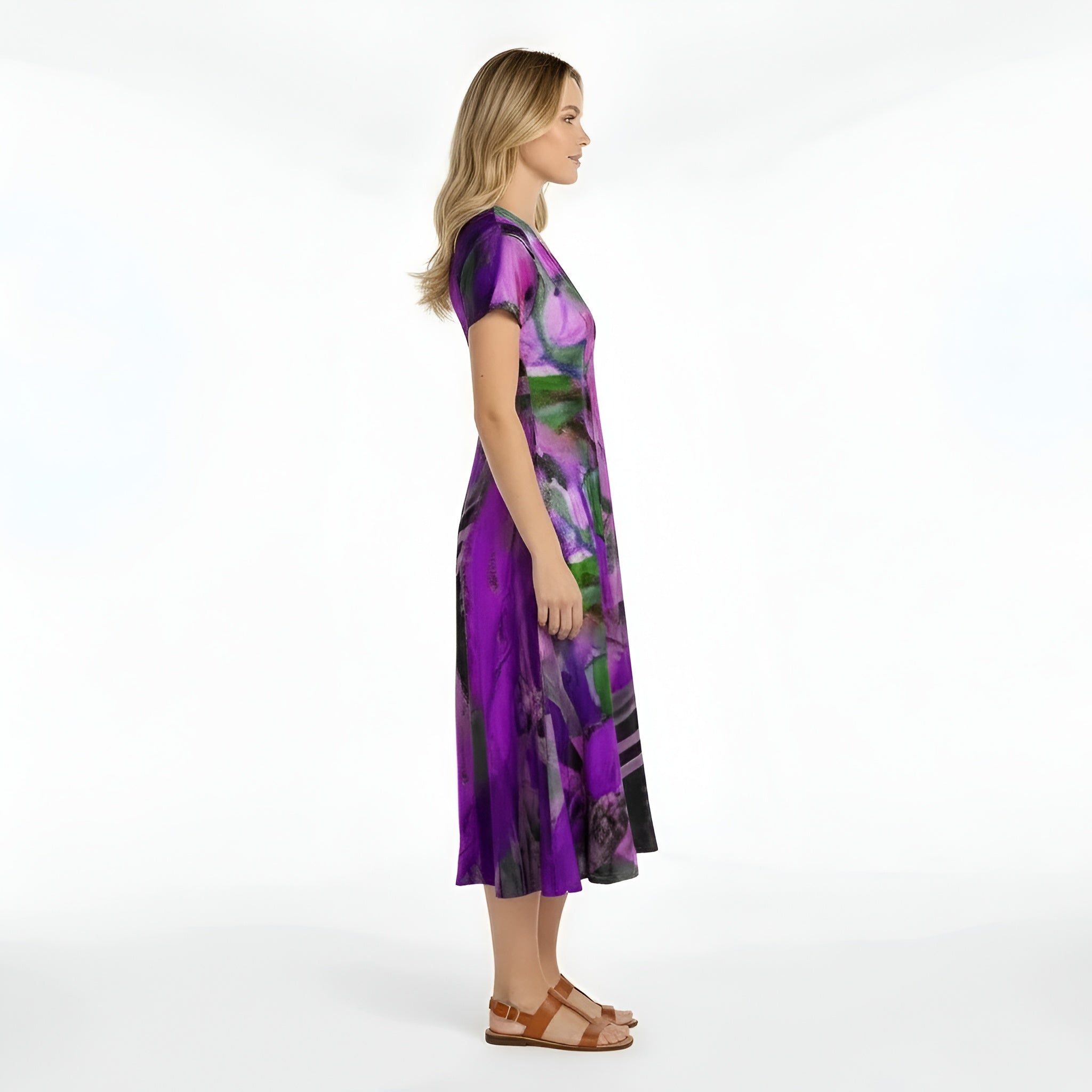 Women's midi dress with abstract print, short sleeves, casual V-neck fluid dress