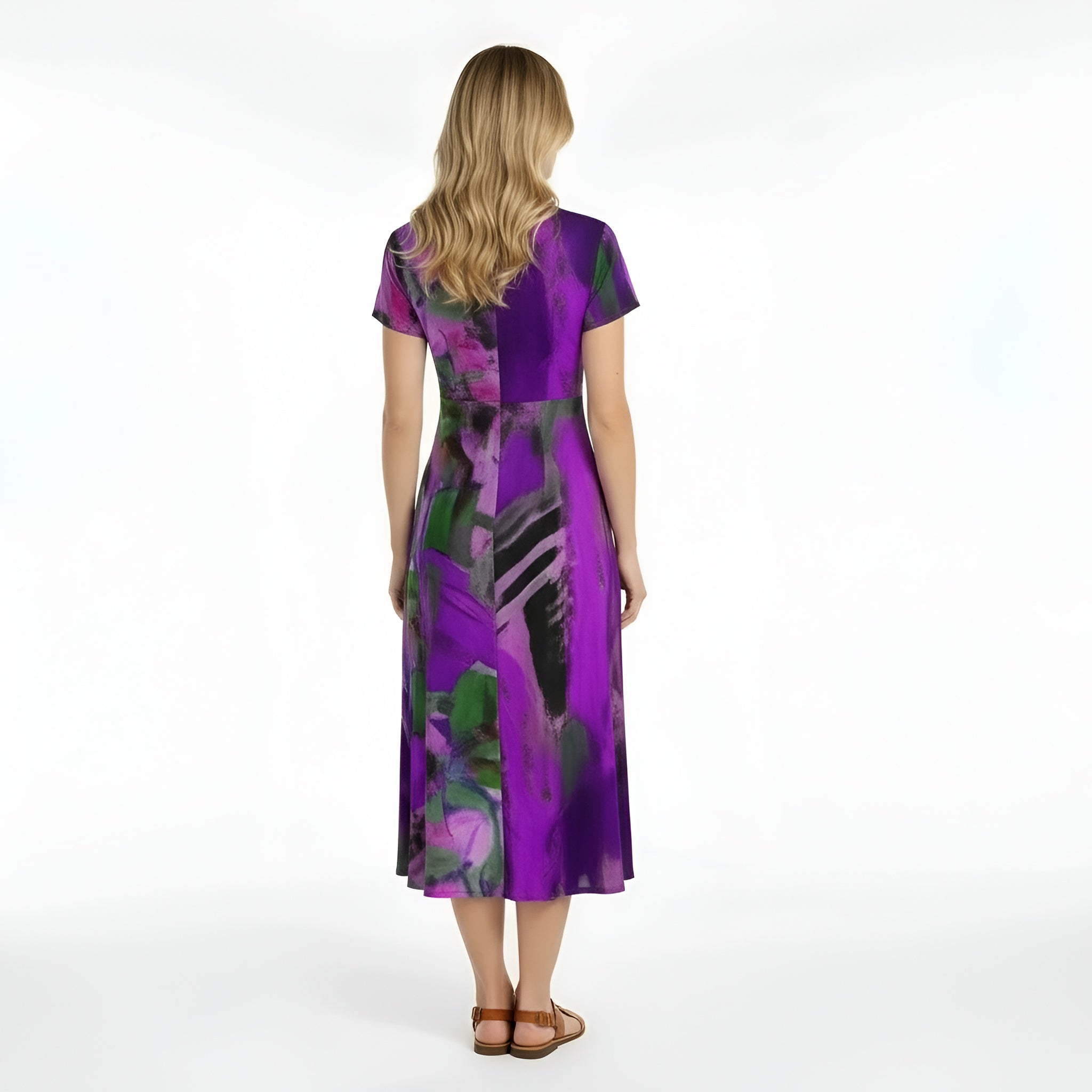 Women's midi dress with abstract print, short sleeves, casual V-neck fluid dress
