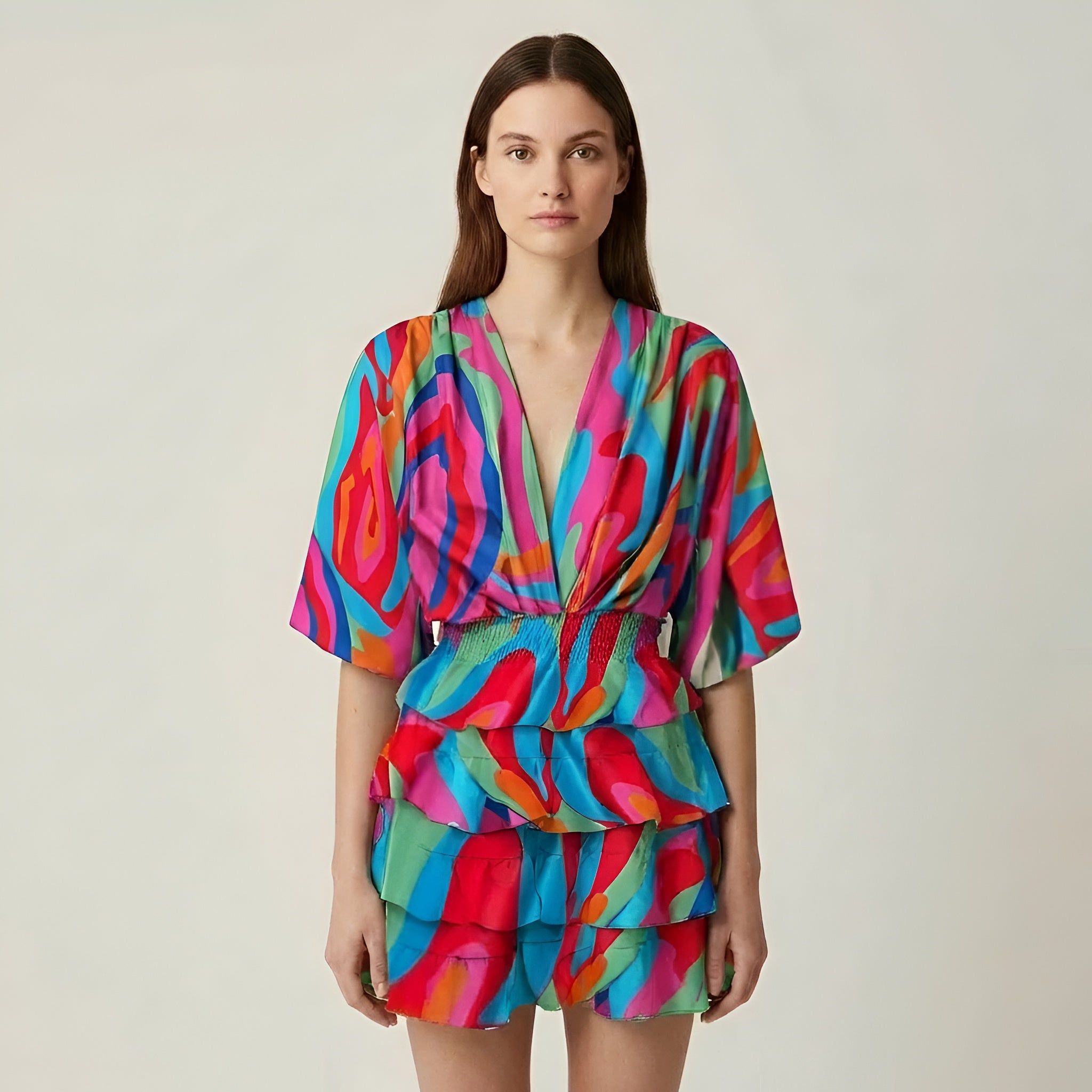 Vestido corto de mujer con volantes, estampado floral, manga amplia, escote en V, vestido casual de verano