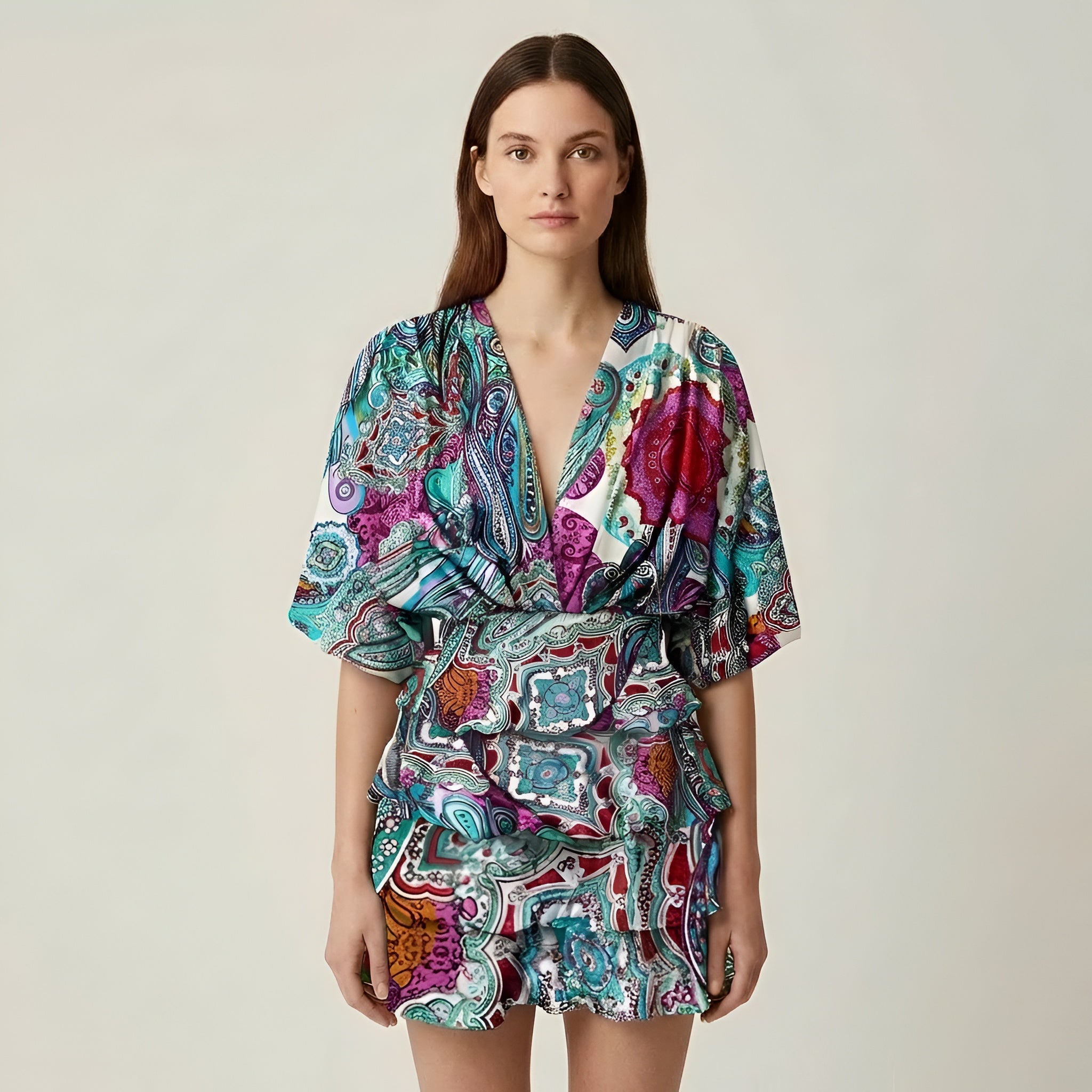 Vestido corto de mujer con volantes, estampado floral, manga amplia, escote en V, vestido casual de verano