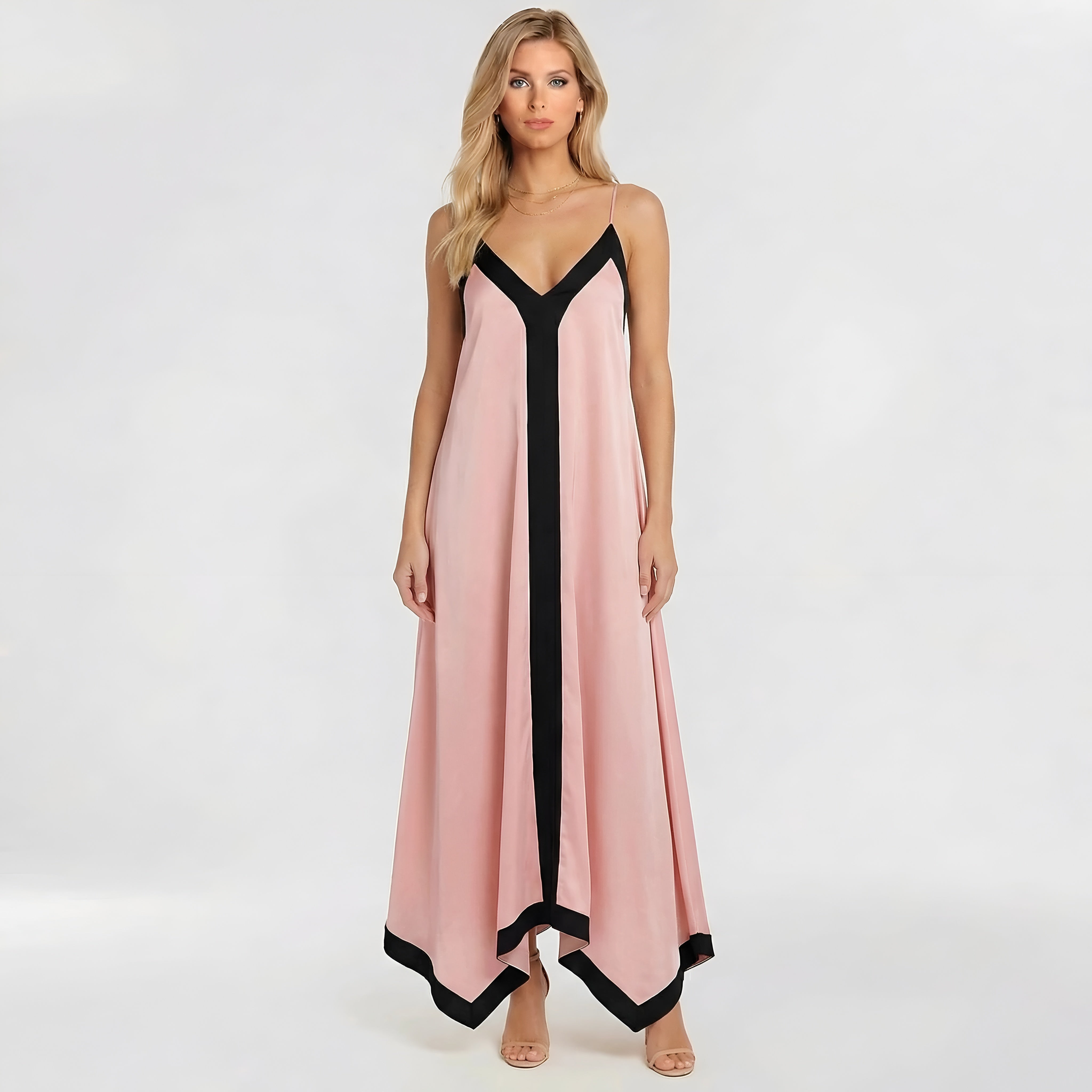 Abito lungo donna elegante con spalline sottili vestito maxi da sera con scollo V