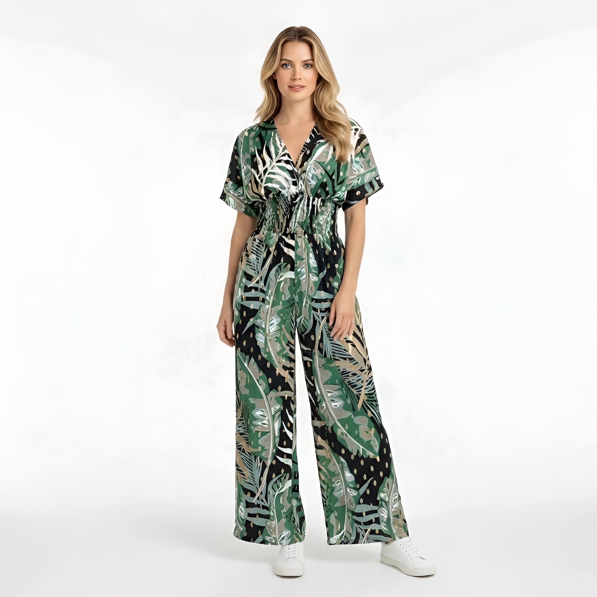Dámský dlouhý overal s potiskem listů, výstřih do V, krátký rukáv, ležérní letní jumpsuit