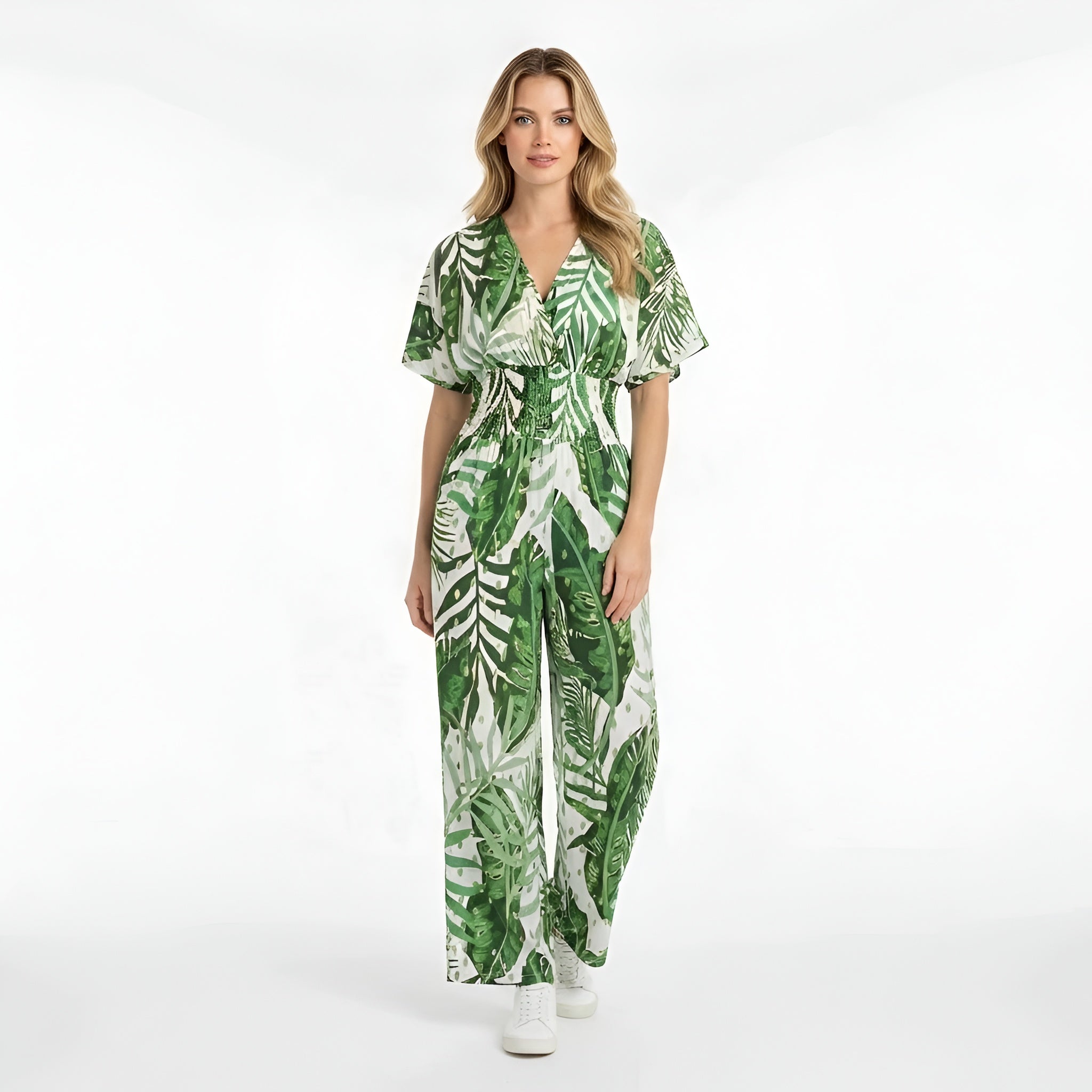 Dámský dlouhý overal s potiskem listů, výstřih do V, krátký rukáv, ležérní letní jumpsuit
