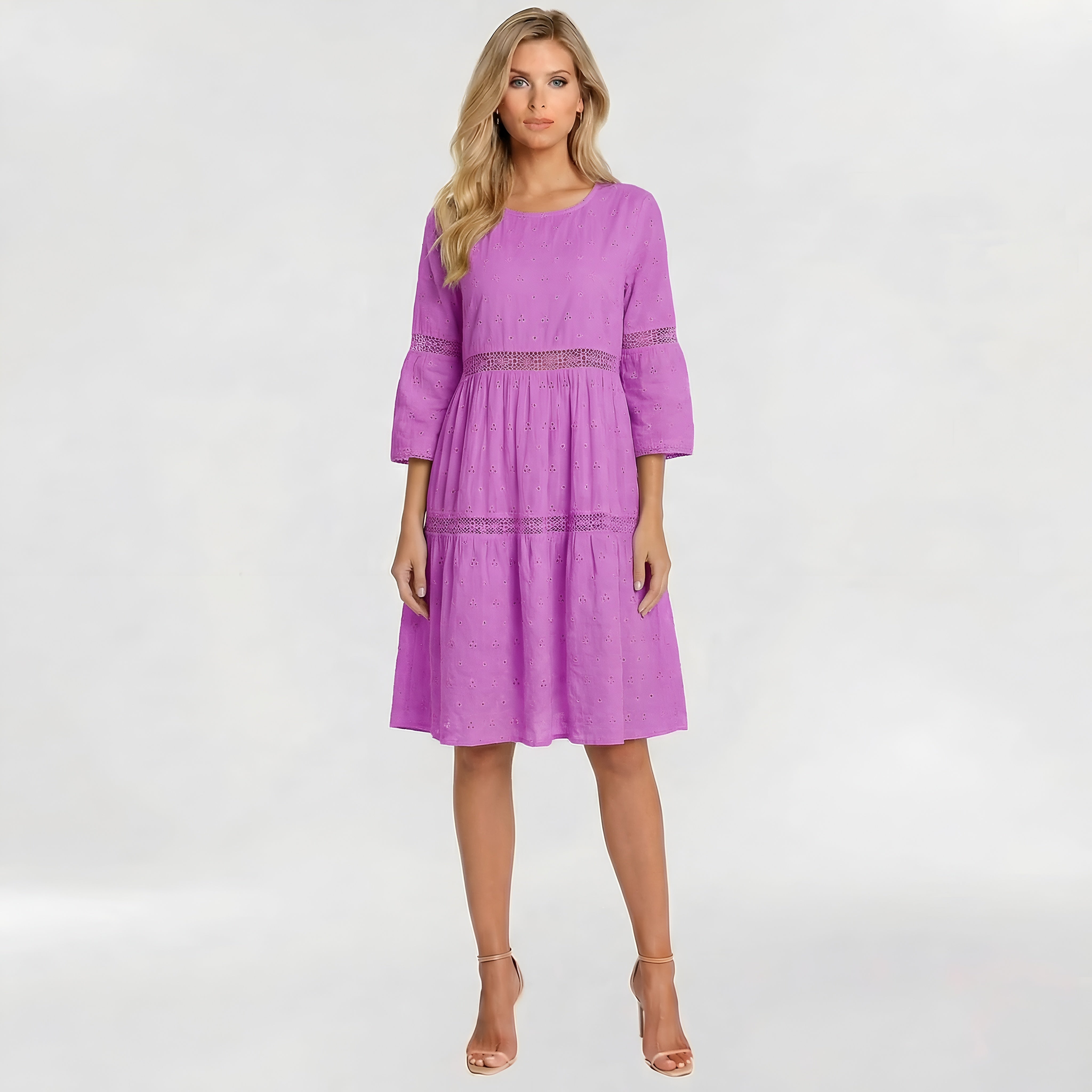 Rochie midi de damă din bumbac, mâneci 3/4, broderie sangallo, casual de vară elegantă  
