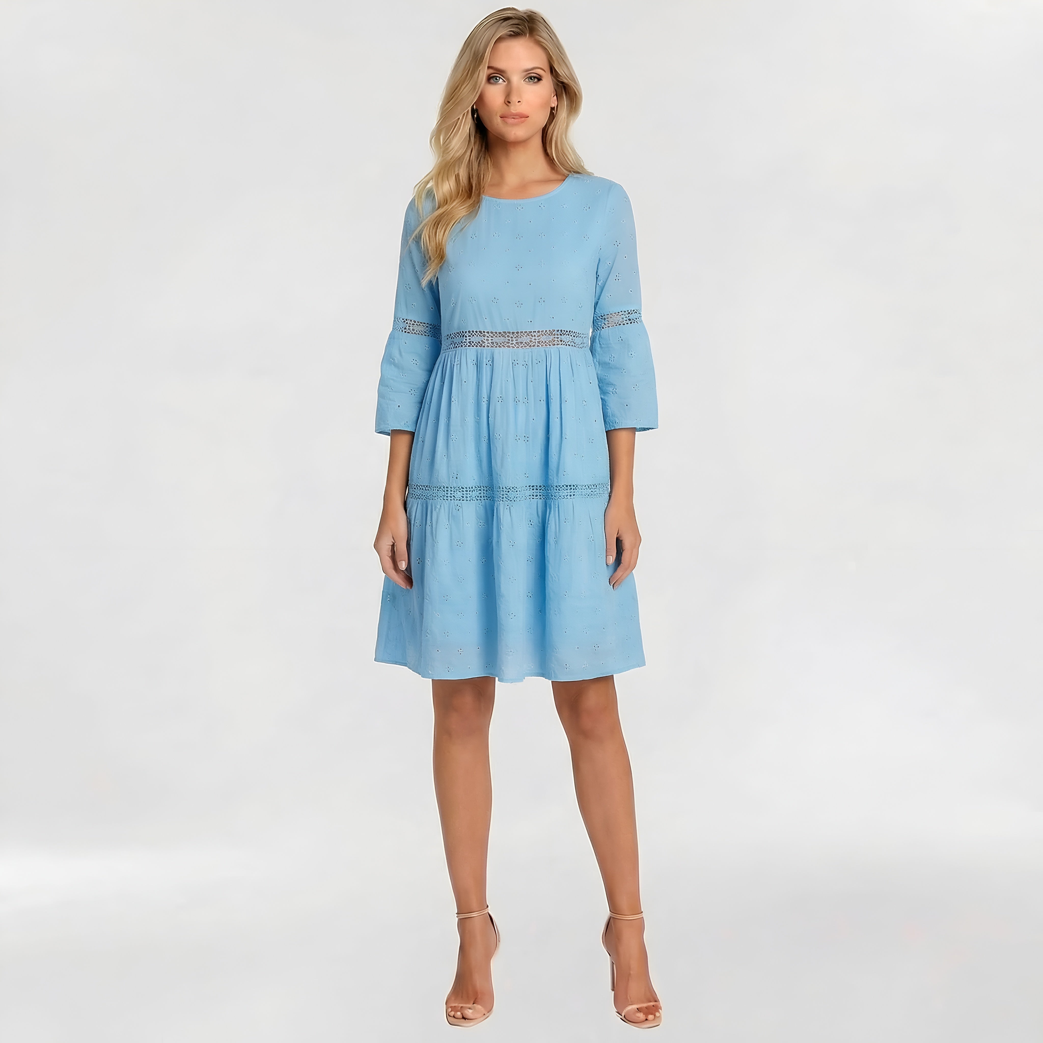 Vestido feminino midi algodão mangas 3/4 bordado sangallo casual verão elegante