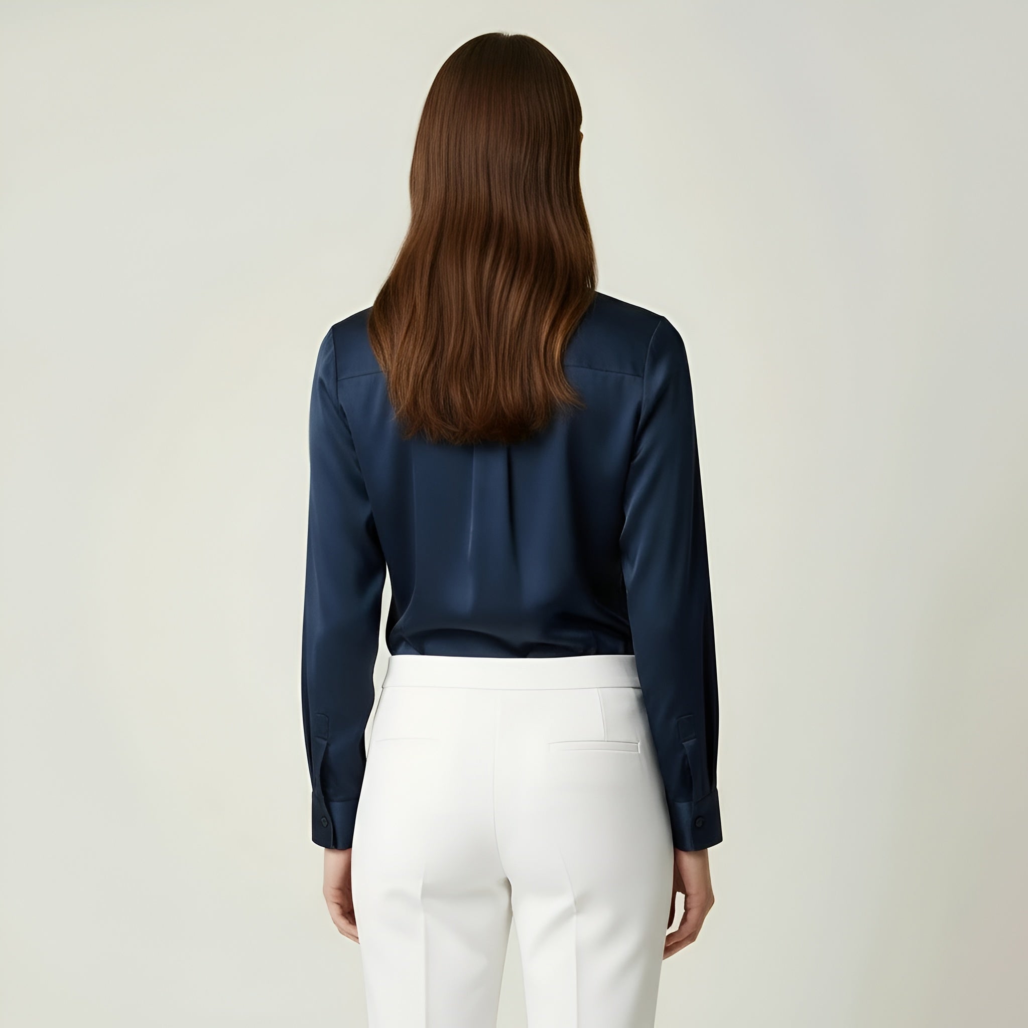 Satinbluse til kvinder med knapper og lange ærmer, elegant kontorbluse til kvinder
