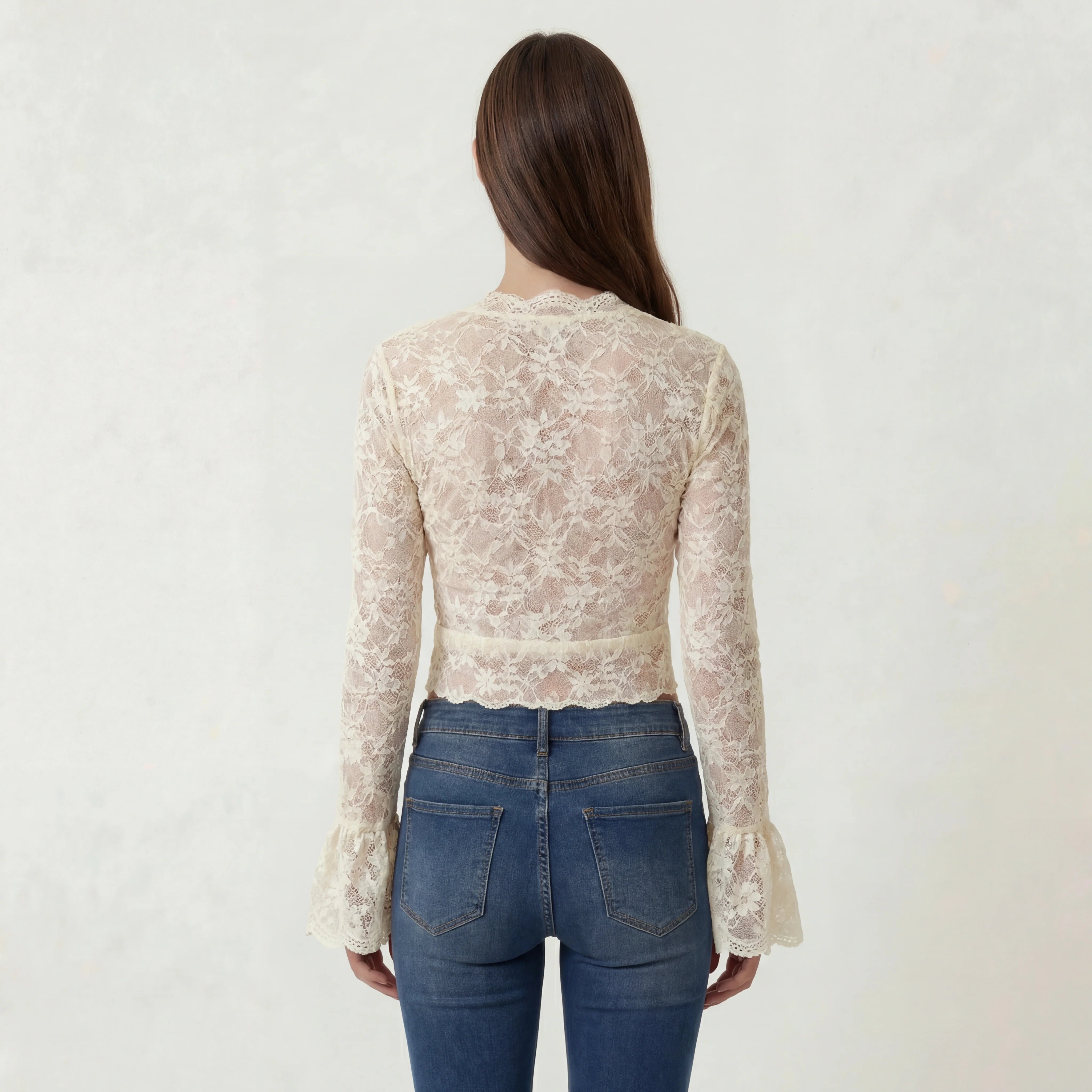 Blouse femme en dentelle, col en V, manches longues, top élégant slim fit décontracté