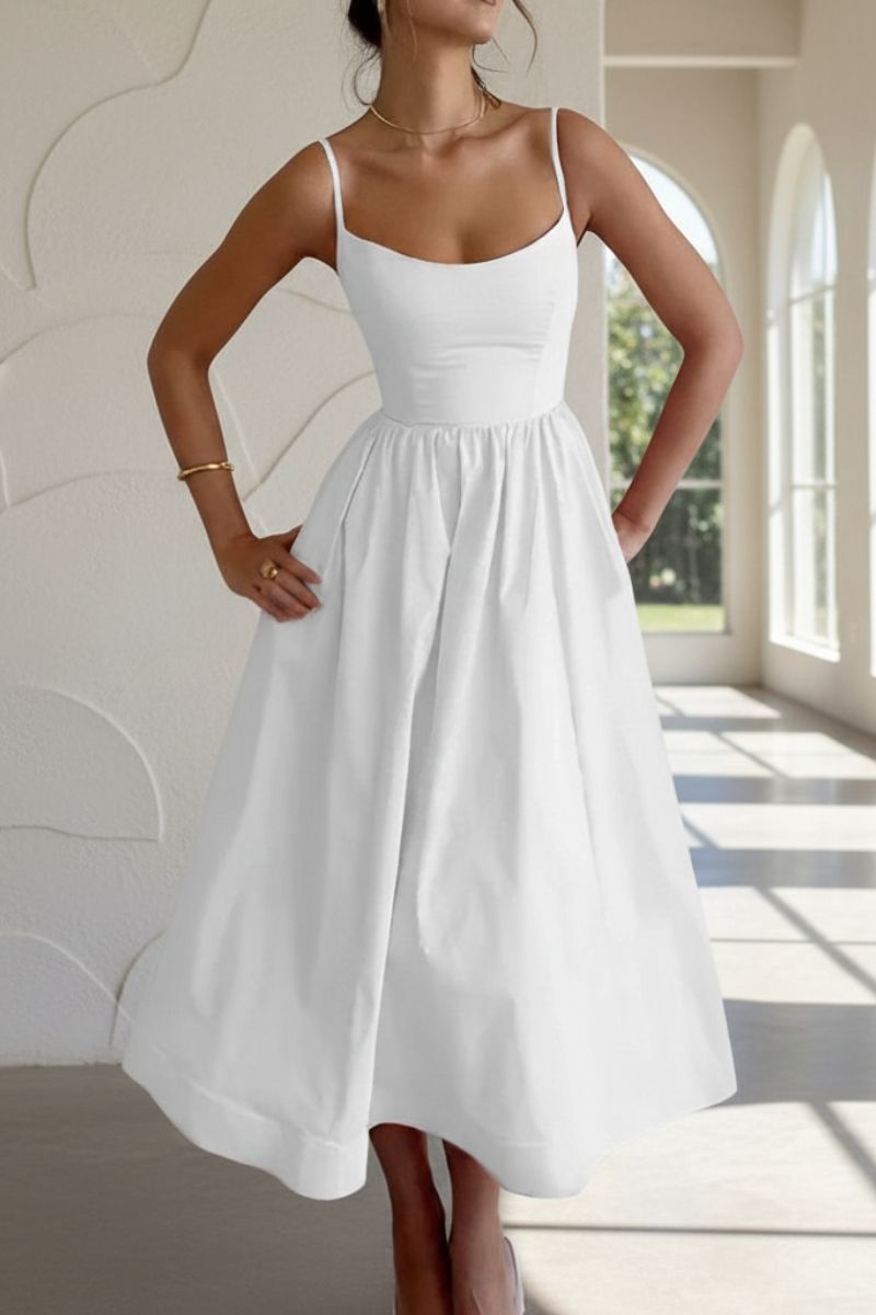 Vestido Midi Feminino com Alças Finas e Saia Evasê