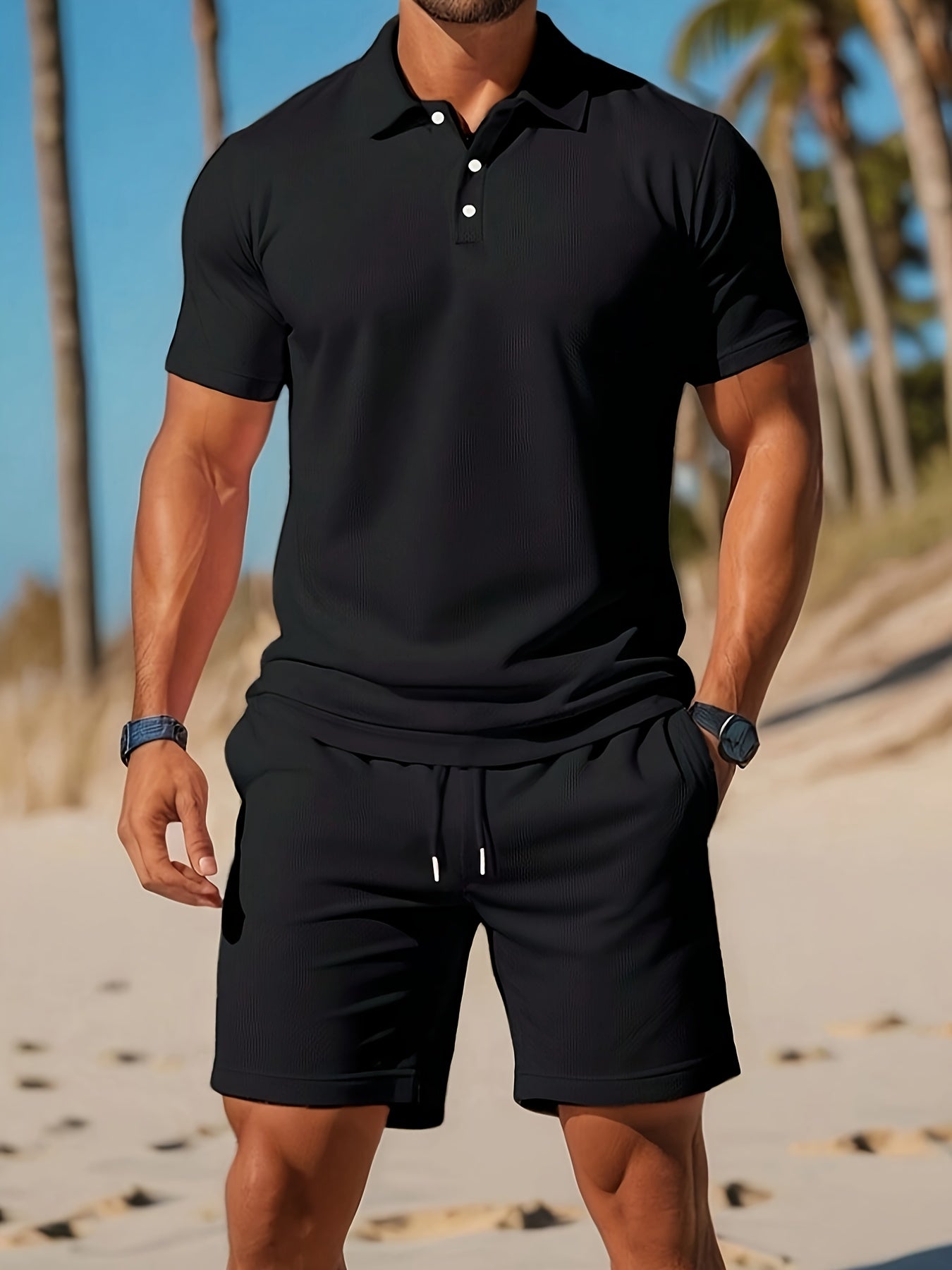 Ensemble polo et short pour homme avec col polo et cordon de serrage