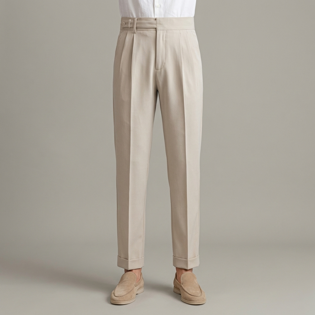 Pantaloni eleganți bărbați croiți, cu pli și picior drept