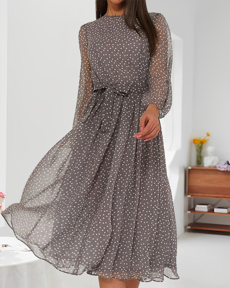 Dámské šaty s puntíky, volné, ke kolenům, áčkový střih, s dlouhými rukávy, elegantní, ležérní