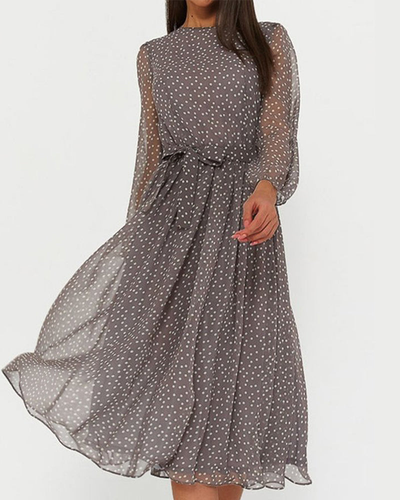 Dámské šaty s puntíky, volné, ke kolenům, áčkový střih, s dlouhými rukávy, elegantní, ležérní