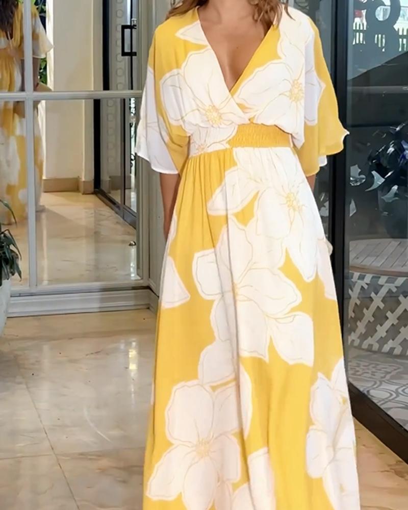 Women's Long Dress with Floral Print and Kimono Sleeves