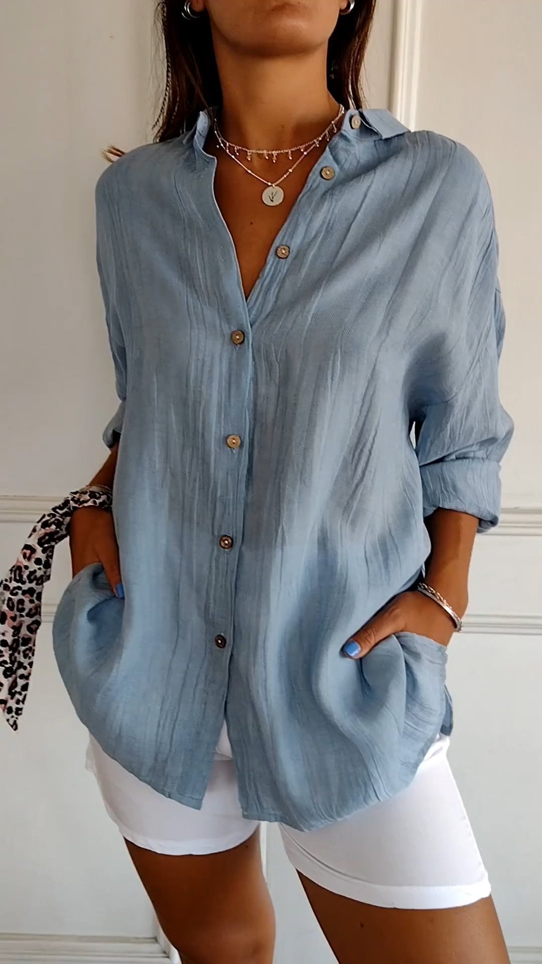 Cămașă damă oversize din in și bumbac cu nasturi – bluză casual de vară cu mâneci rulabile
