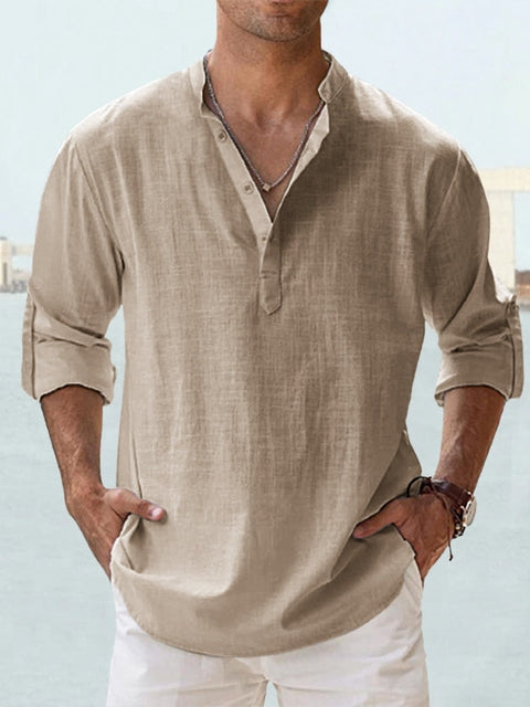 Chemise décontractée pour homme en lin et coton avec col mao