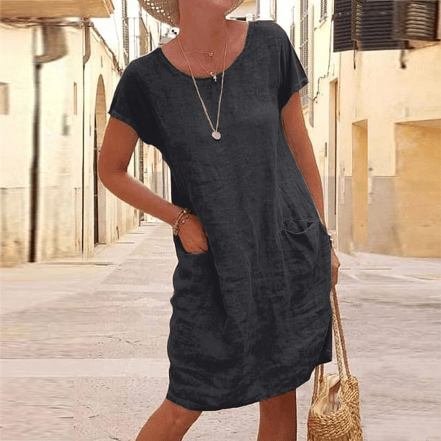 Women's Summer Midi Linen Dress with Short Sleeves and Pockets