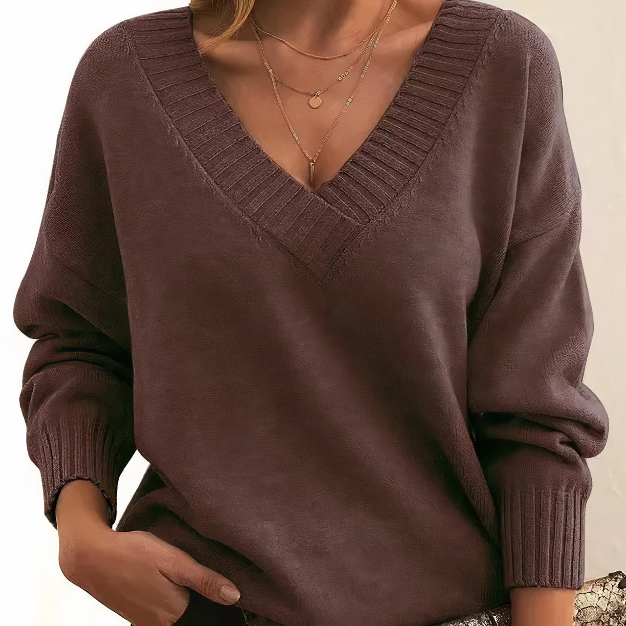 Maglione da Donna Classico con Scollo a V e Vestibilità Ampia | Top Elegante a Maglia con Maniche Lunghe