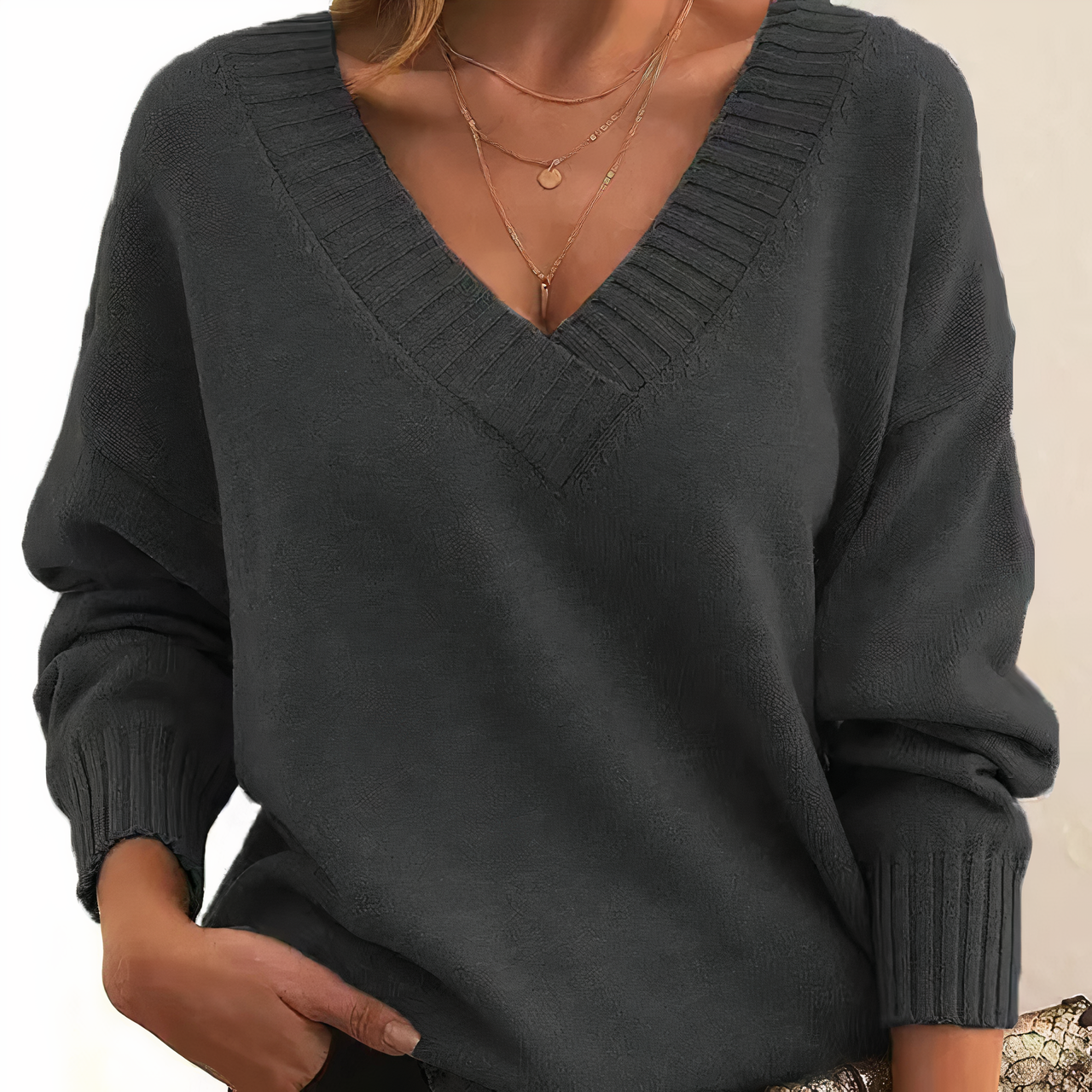 Maglione da Donna Classico con Scollo a V e Vestibilità Ampia | Top Elegante a Maglia con Maniche Lunghe