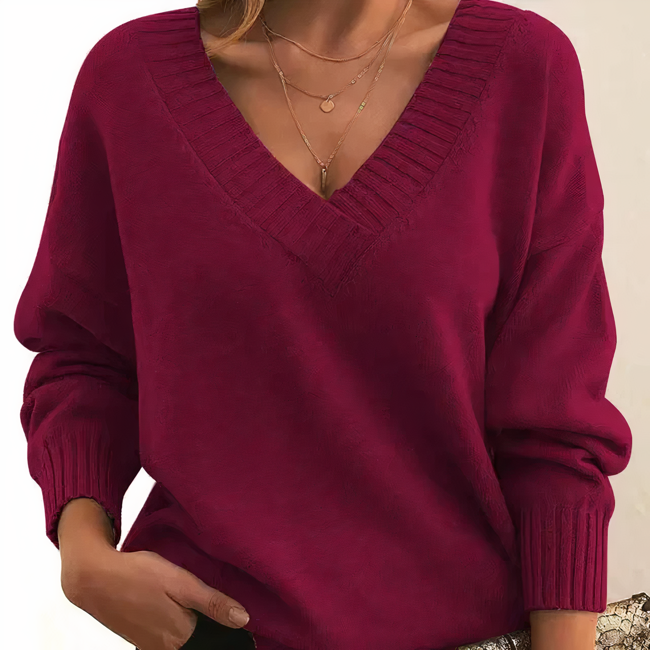 Maglione da Donna Classico con Scollo a V e Vestibilità Ampia | Top Elegante a Maglia con Maniche Lunghe