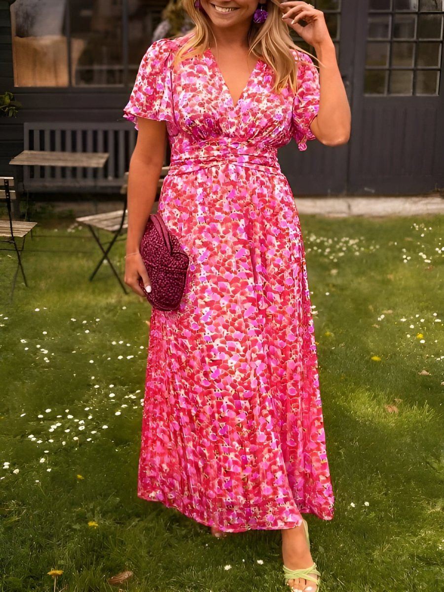 Rochie lungă de damă cu imprimeu floral și decolteu în V – Rochie de vară elegantă și casual