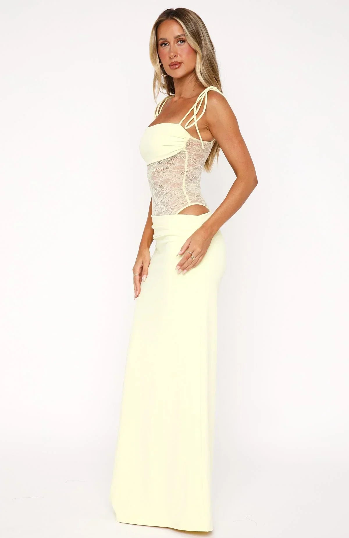 Fitted Long Dress with Lace and Adjustable Ties