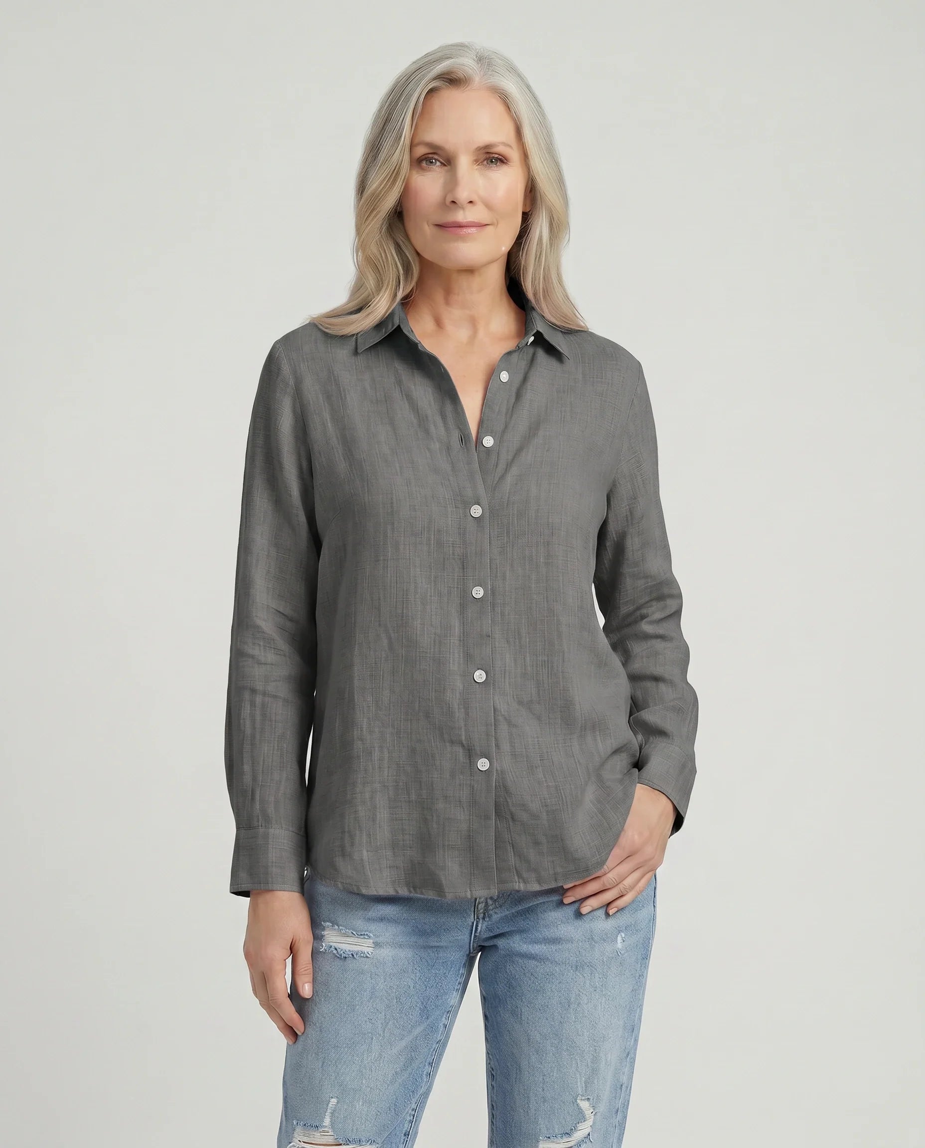 Camisa de Mulher em Linho e Algodão com Colarinho Clássico