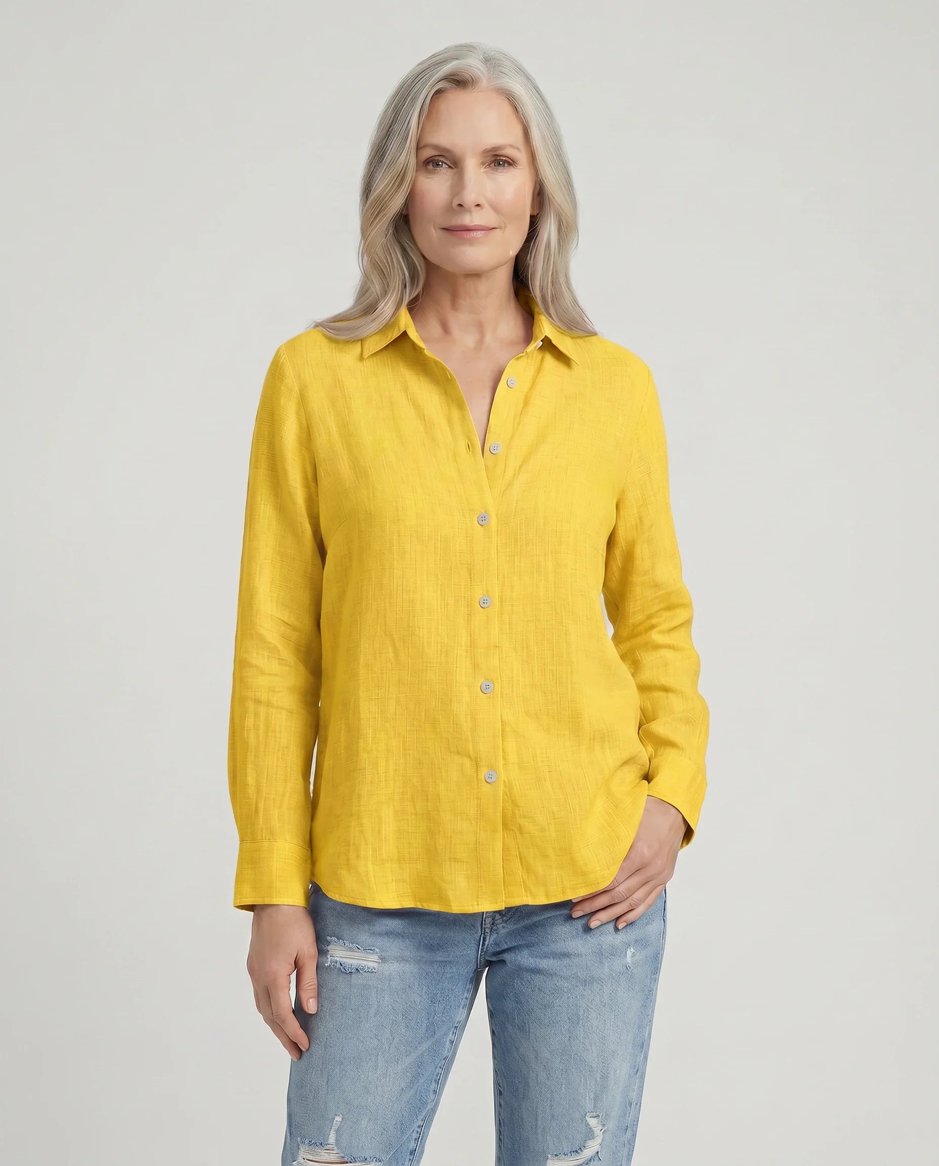 Camisa de Mulher em Linho e Algodão com Colarinho Clássico