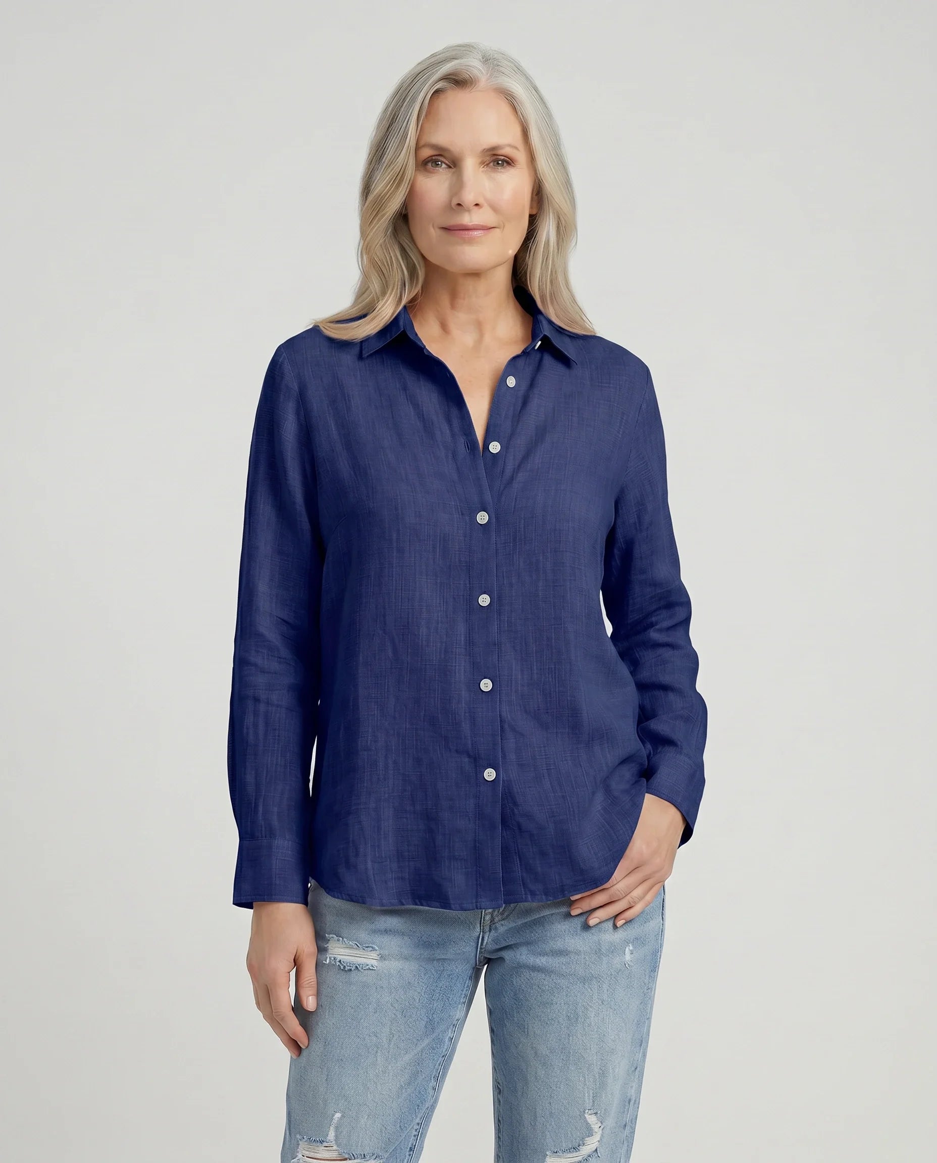 Camisa de Mulher em Linho e Algodão com Colarinho Clássico