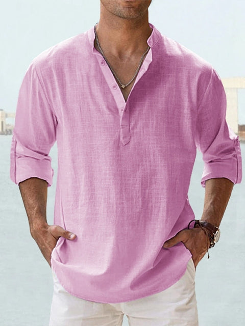 Chemise décontractée pour homme en lin et coton avec col mao