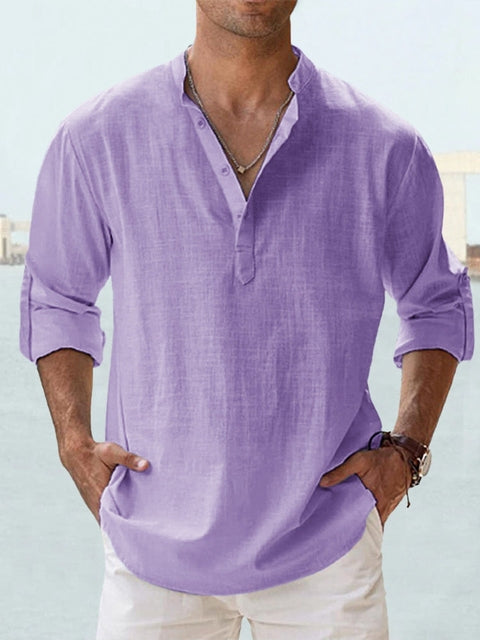 Chemise décontractée pour homme en lin et coton avec col mao