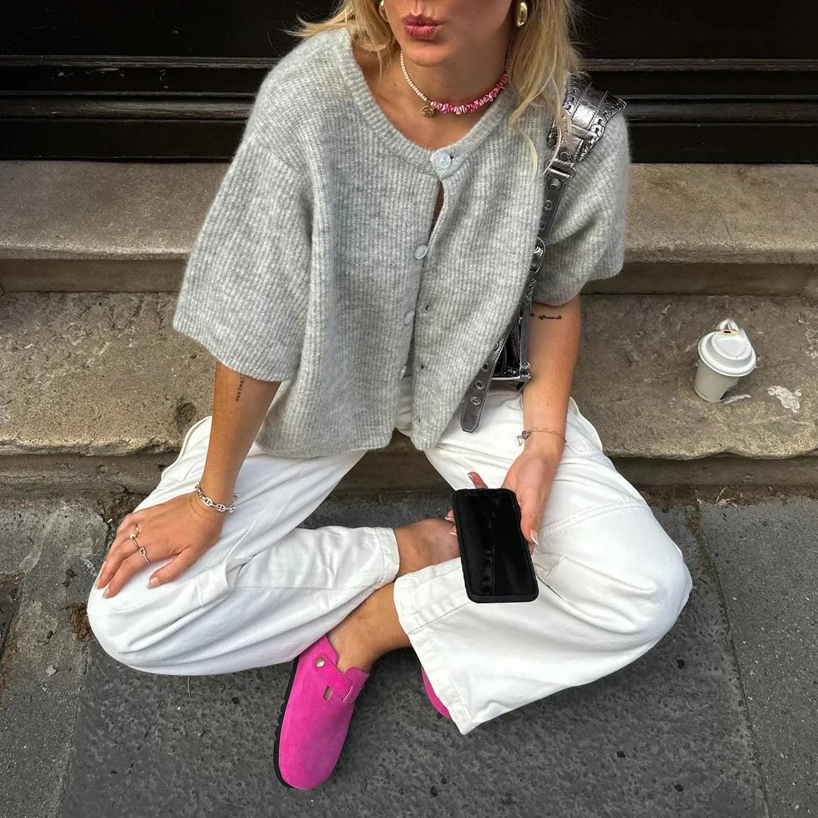 Cardigan a Maniche Corte da Donna con Bottoni | Maglia Morbida in Maglia Fine