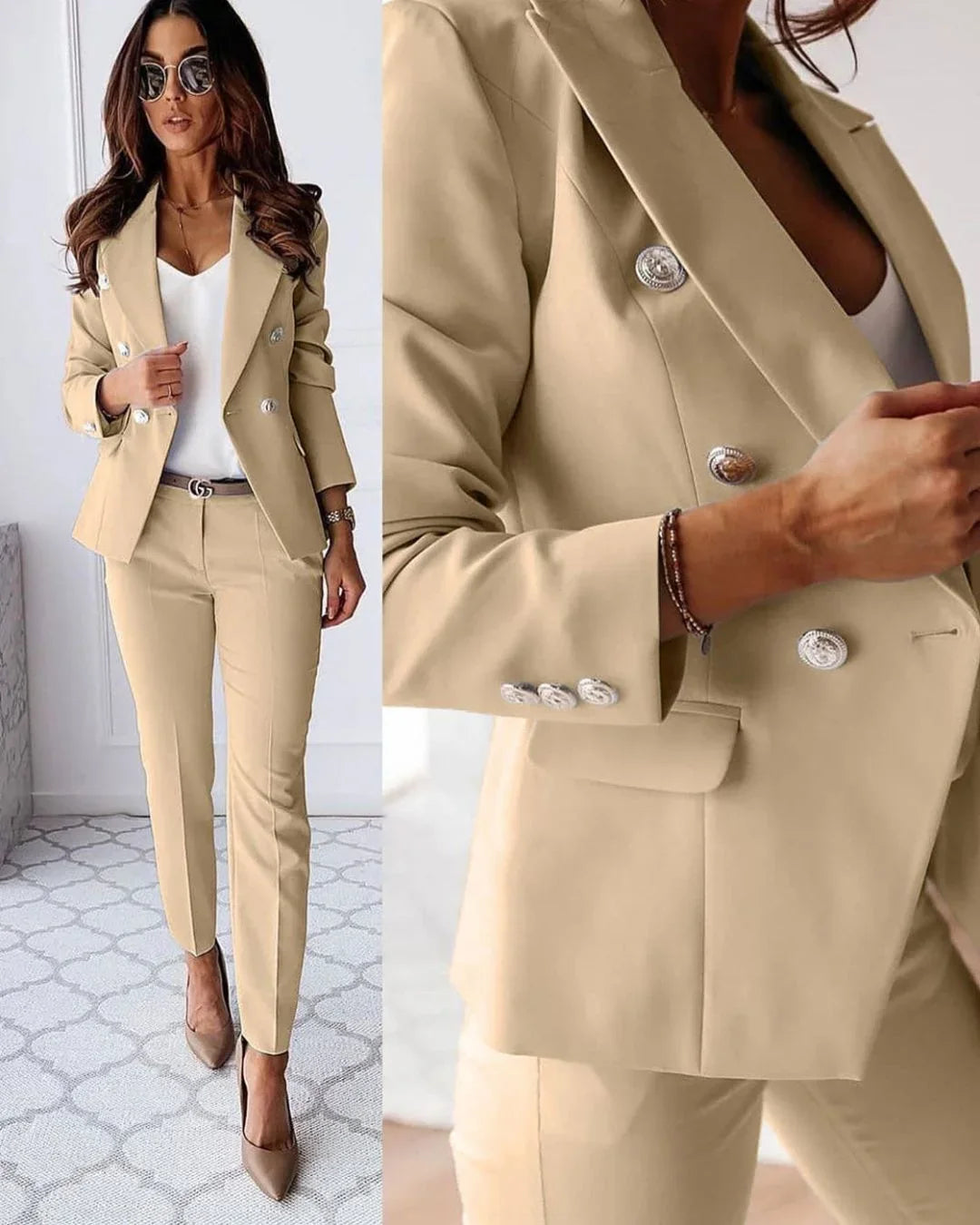 Ensemble élégant pour femme avec blazer croisé et pantalon assorti
