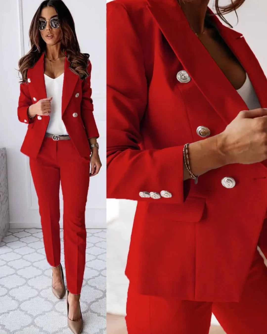 Ensemble élégant pour femme avec blazer croisé et pantalon assorti