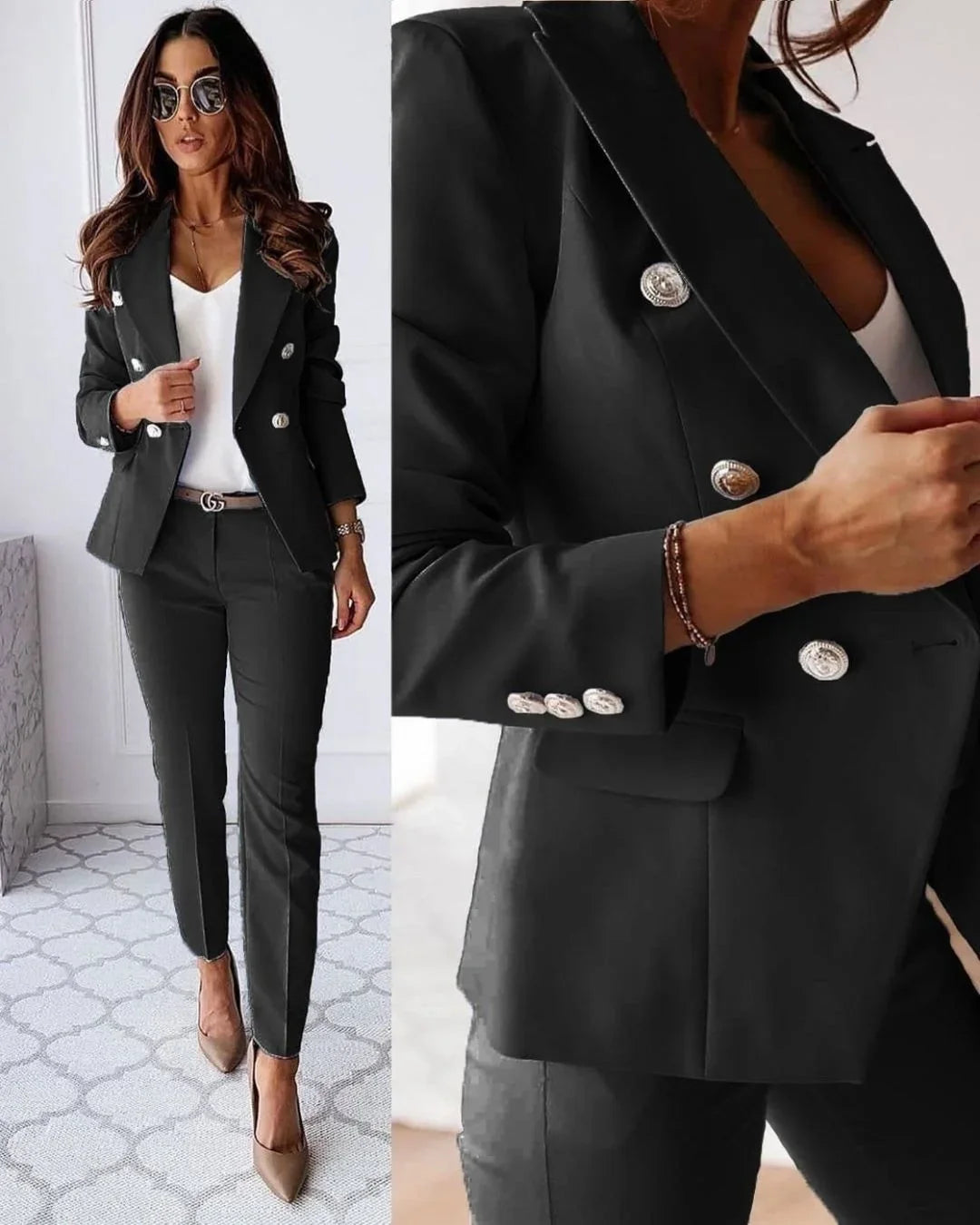 Ensemble élégant pour femme avec blazer croisé et pantalon assorti