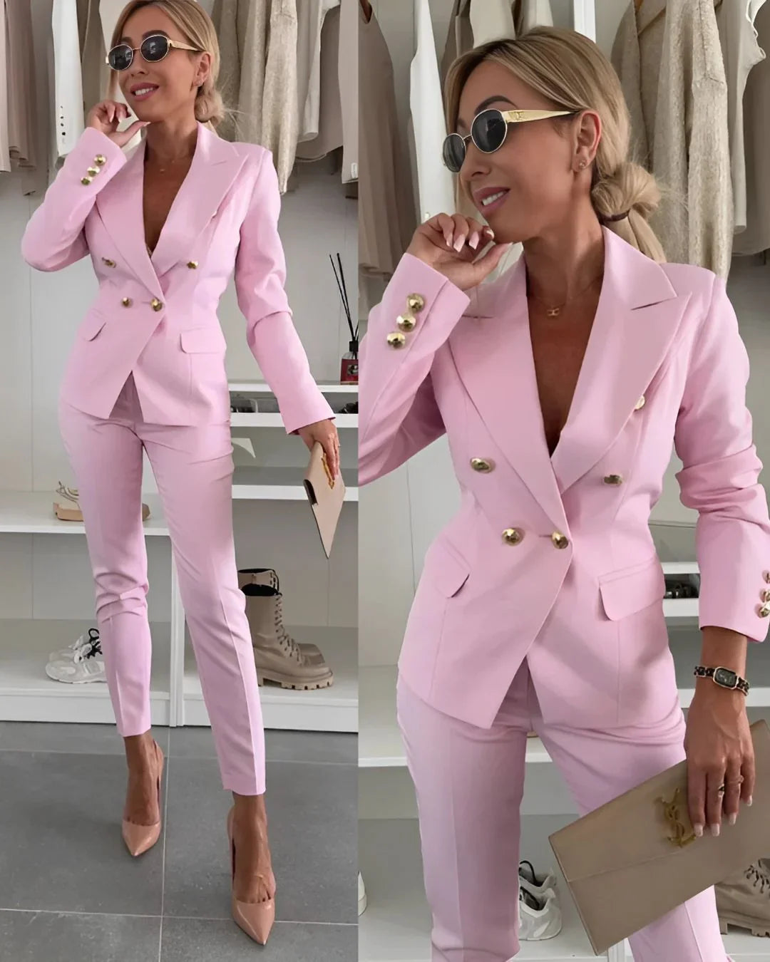 Ensemble élégant pour femme avec blazer croisé et pantalon assorti