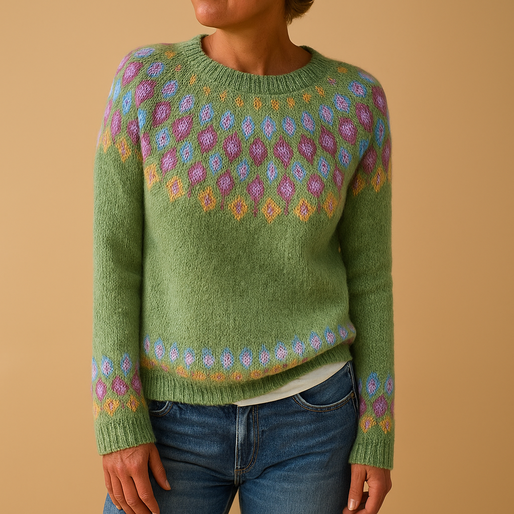 Damepullover med jacquardstrik og nordisk mønster