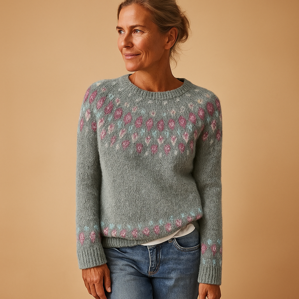 Damepullover med jacquardstrik og nordisk mønster