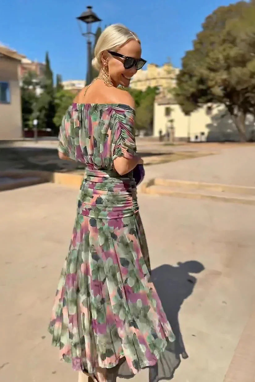 Vestido Longo Elegante Feminino com Decote Bardot e Saia Fluida