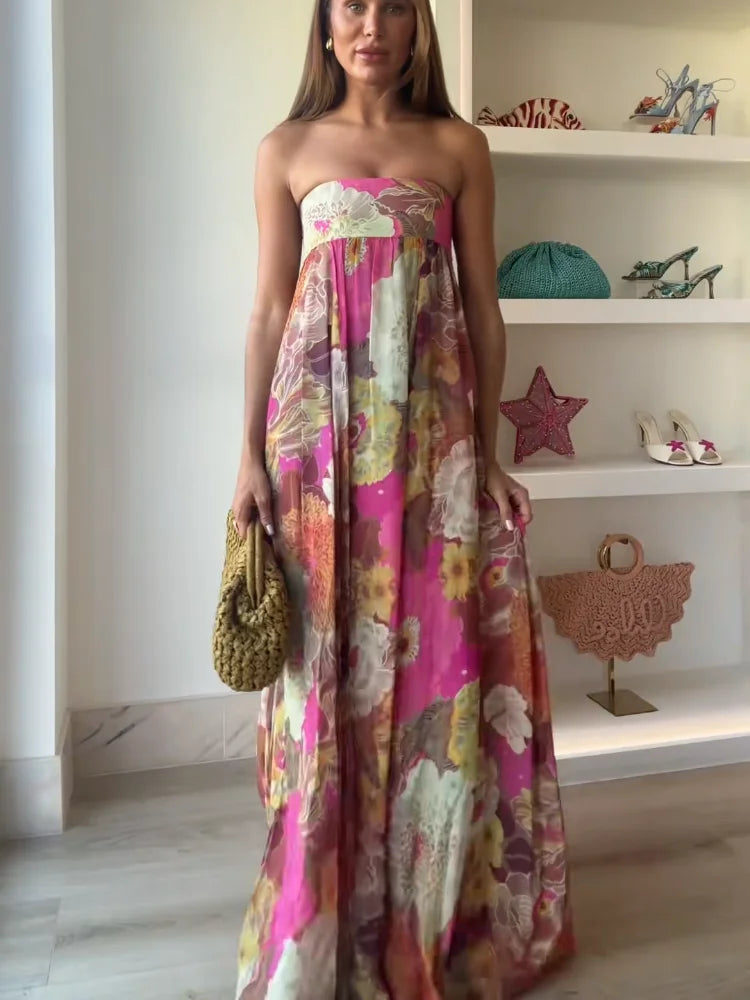 Maxi blomsterkjole uden stropper til bryllupsgæst