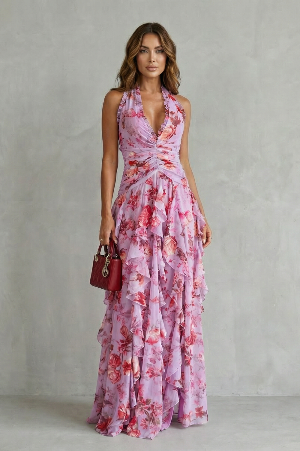 Abito Lungo Floreale da Donna con Scollo Halter e Gonna a Balze
