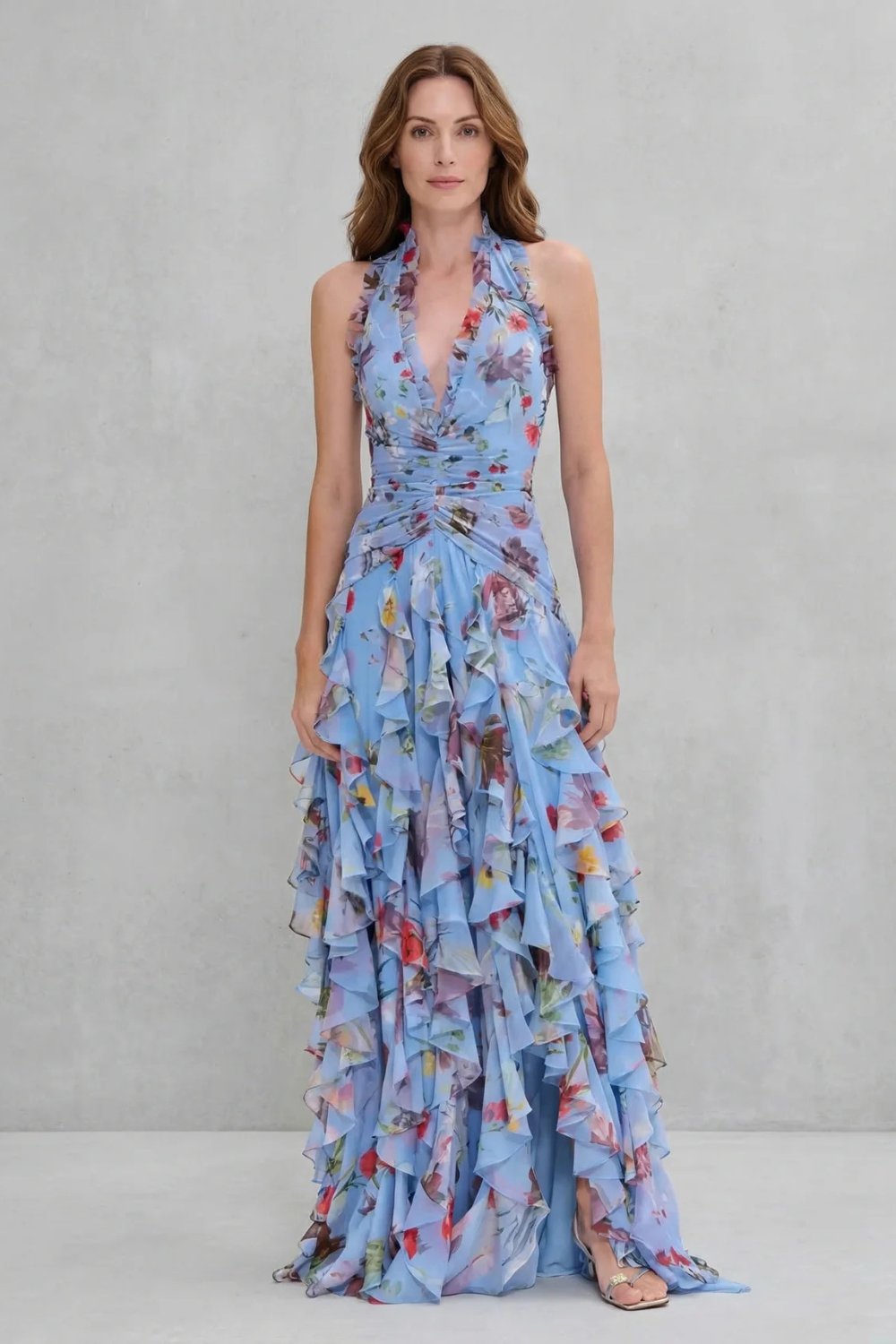Abito Lungo Floreale da Donna con Scollo Halter e Gonna a Balze