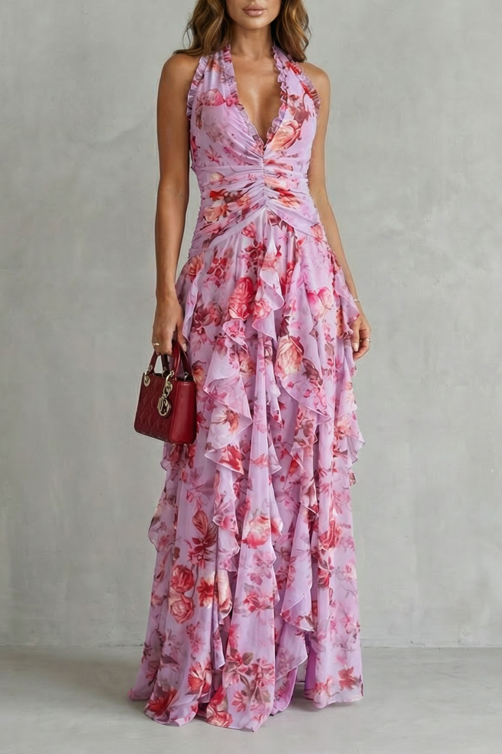 Abito Lungo Floreale da Donna con Scollo Halter e Gonna a Balze